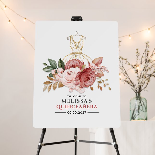 Quinceanera Floral Faux Gold Dress 15th Birthday Foam Board (In Situ (Stand))