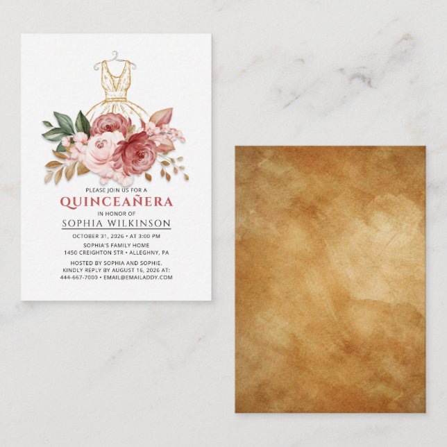 Quinceanera Floral Faux Gold Dress 15th Birthday Note Card (Front/Back)