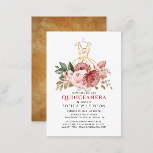 Quinceanera Floral Faux Gold Dress 15th Birthday Note Card