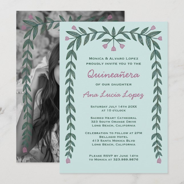 Quinceañera Floral Frame Custom Photo  Invitation (Front/Back)