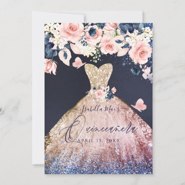 Quinceanera Floral Glitter Gown Ombre Rose Gold Invitation (Front)