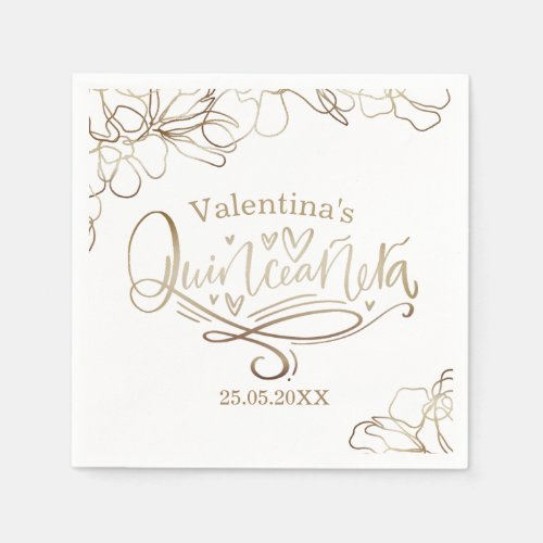 Quinceaera floral gold 15th birthday napkins