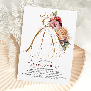 Quinceañera Floral Gold Dress 15th Birthday Invitation