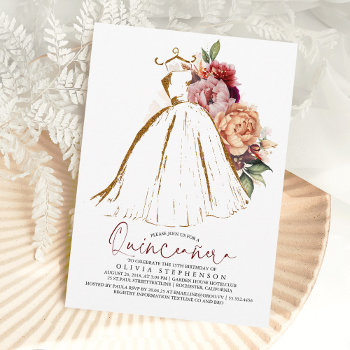Quinceañera Floral Gold Dress 15th Birthday Invitation by lovelywow at Zazzle