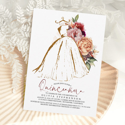 Quinceañera Floral Gold Dress 15th Birthday