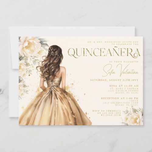 Quinceaera Floral Gold Dress Champagne Gown Invitation