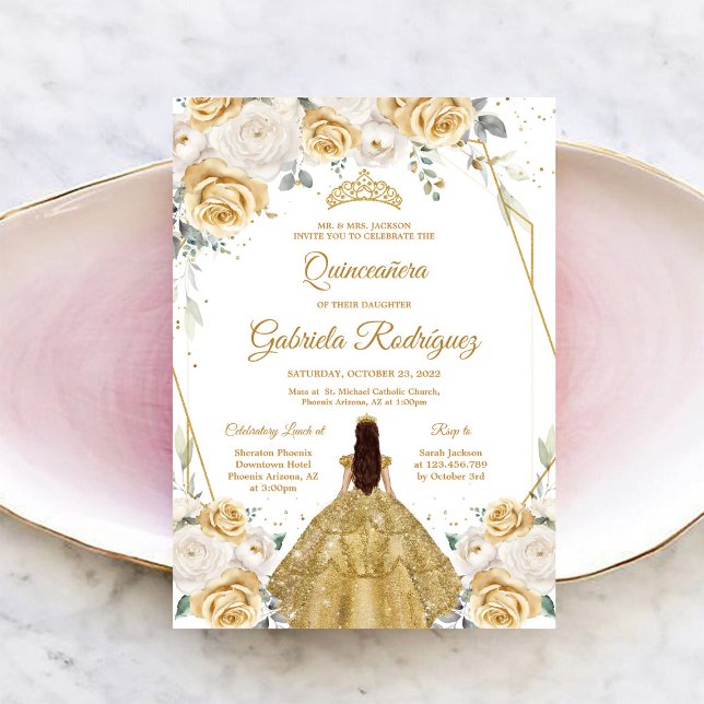 Quinceanera Floral Gold Invitation (Creator Uploaded)