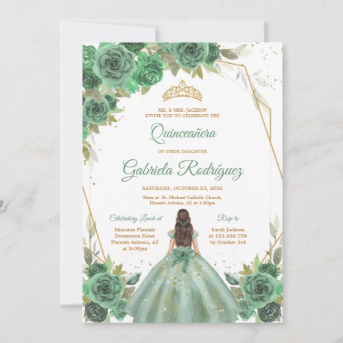 Quinceanera Floral Green Gold Invitation