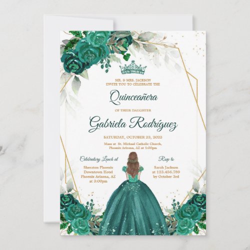 Quinceanera Floral Green Gold Invitation