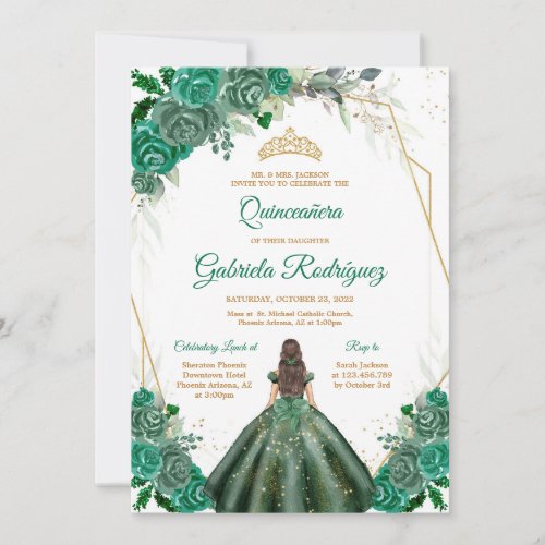 Quinceanera Floral Green Gold Invitation