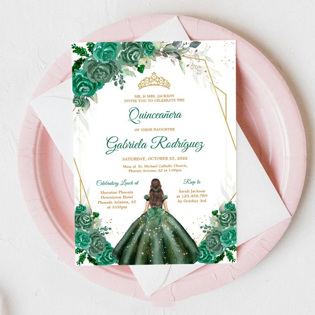 Quinceanera Floral Green Gold Invitation (Creator Uploaded)