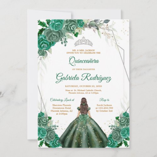 Quinceanera Floral Green Silver Invitation
