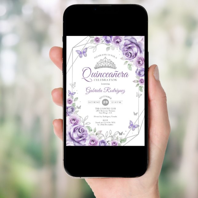 Quinceanera Floral Lilac Purple Silver Invitation (Front Digital)