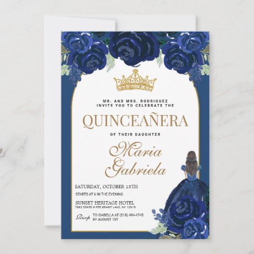 Quinceanera Floral Navy Blue Gold Mis Quince Anos Invitation | Zazzle