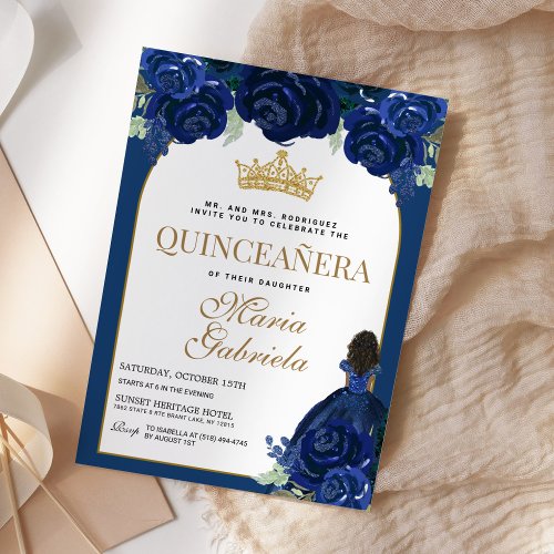 Quinceanera Floral Navy Blue Gold Mis Quince Anos Invitation