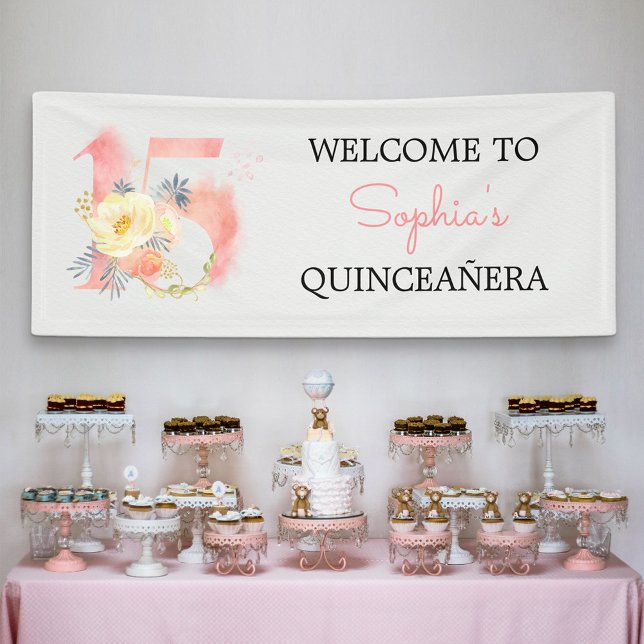 Quinceanera Floral Number 15 Personalized Birthday Banner (Creator Uploaded)