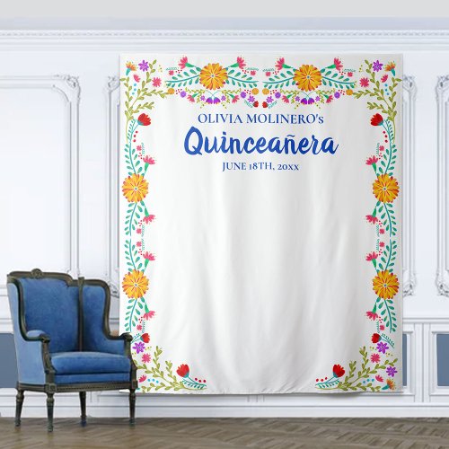 Quinceanera Floral Photo Booth Backdrop Blue White