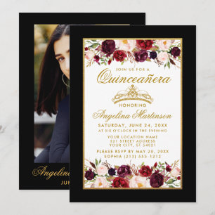 Quinceanera Floral Photo Gold Crown Black Invitation