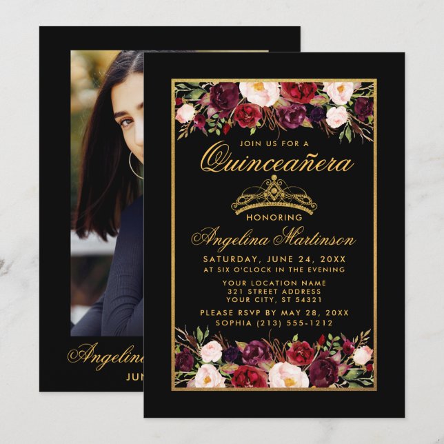 Quinceanera Floral Photo Gold Frame Crown Black Invitation (Front/Back)