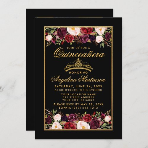 Quinceanera Floral Photo Gold Frame Crown Black Invitation