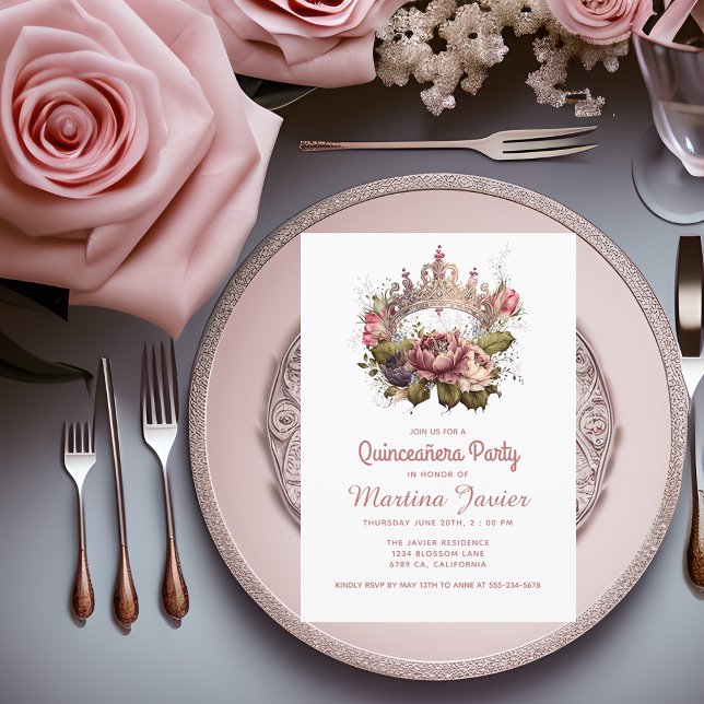 Quinceañera Floral Pincess Crown 15th Birthday Invitation (Creator Uploaded)