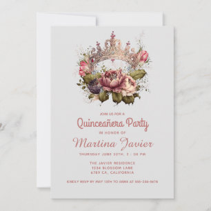 Quinceañera Floral Pincess Crown 15th Birthday Invitation
