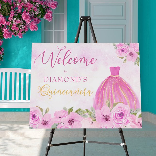 Quinceanera Floral Pink and Gold Princess Welcome Foam Board (Creator Uploaded)