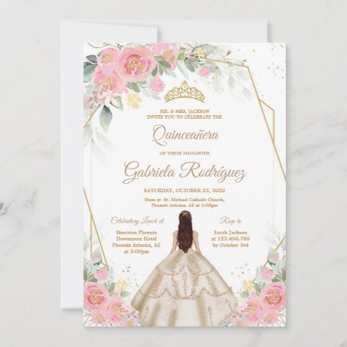 Quinceanera Floral Pink Gold Invitation
