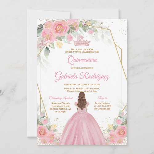 Quinceanera Floral Pink Gold Invitation