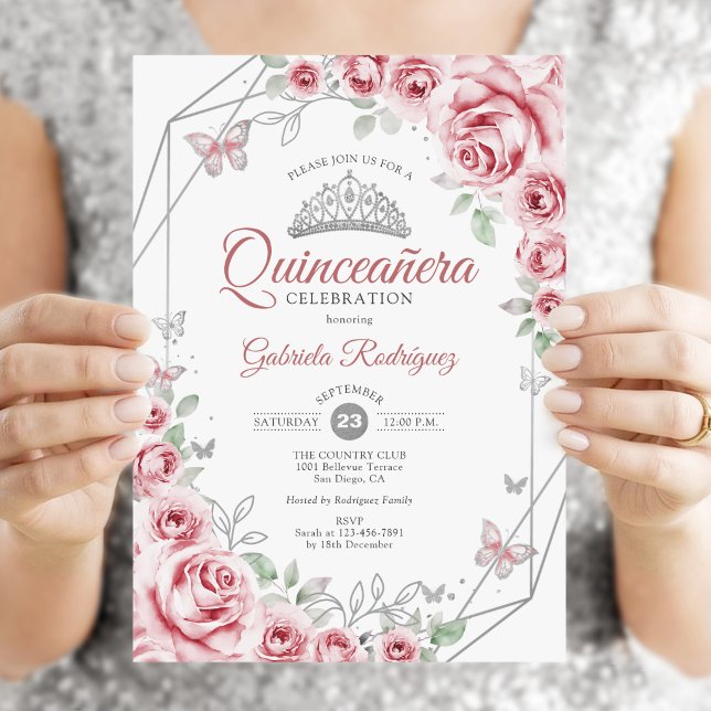 Quinceanera Floral Pink Silver Invitation (Creator Uploaded)