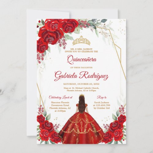 Quinceanera Floral Red Gold Invitation