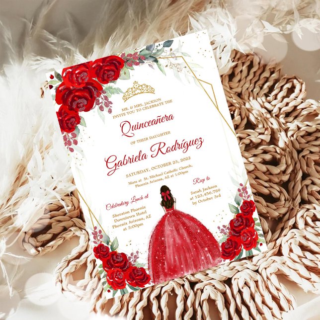 Quinceanera Floral Red Rose Gold Invitation (Creator Uploaded)