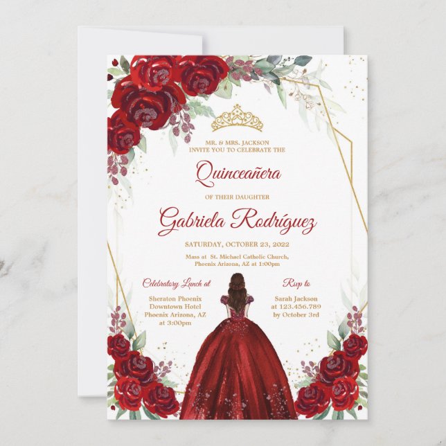 Quinceanera Floral Red Rose Gold Invitation (Front)