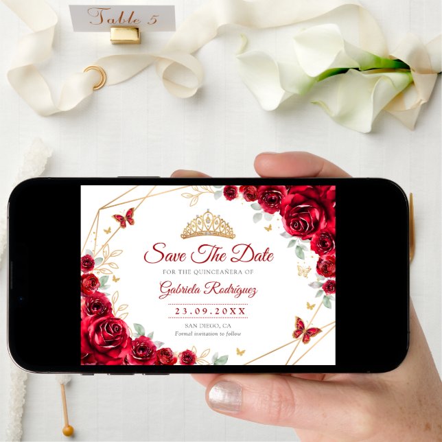 Quinceanera Floral Red Roses Gold Save The Date (Front Digital)
