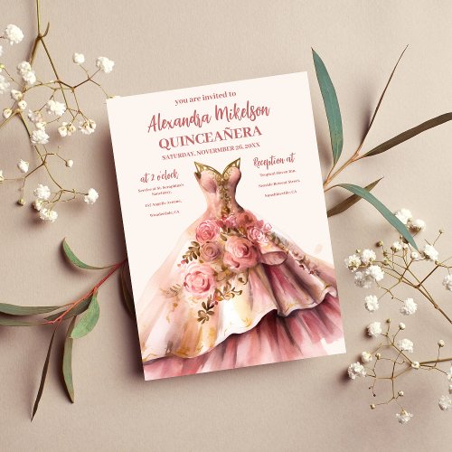 Quinceaera Floral Rose Gold Dress 15th Birthday Invitation