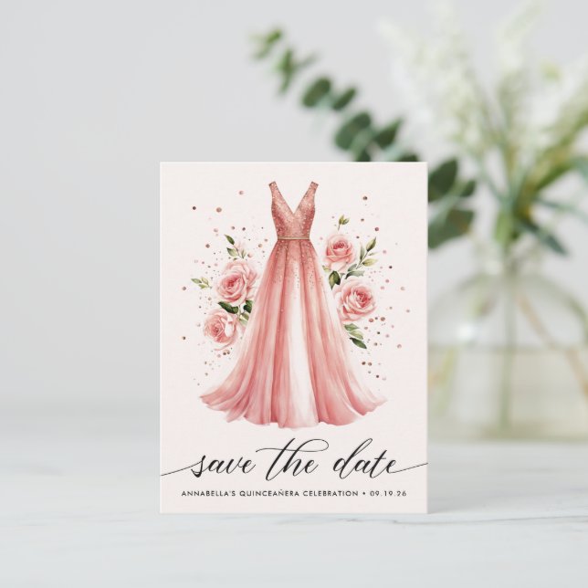 Quinceaera Floral Rose Gold Dress Save The Date Postcard | Zazzle