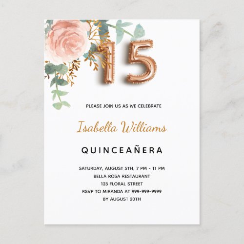 Quinceanera floral rose gold eucalyptus elegant invitation postcard
