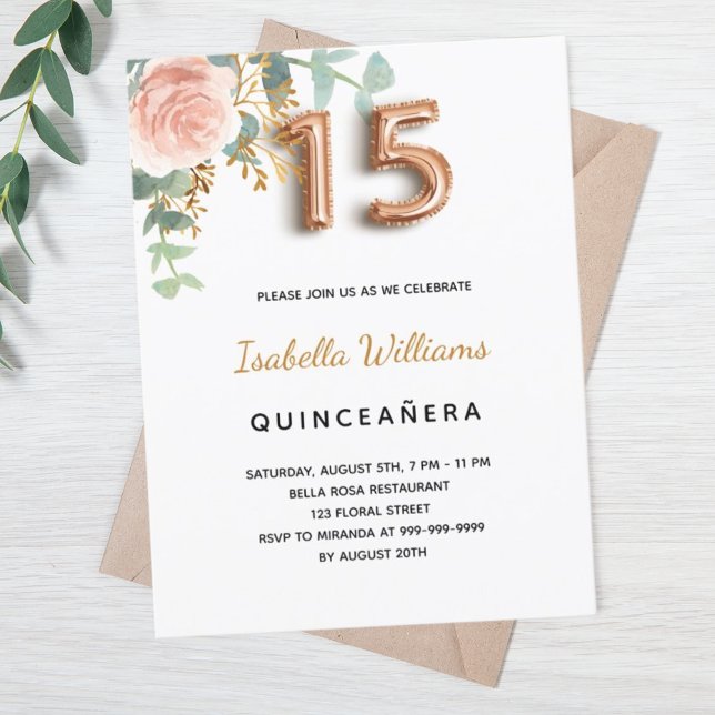 Quinceanera floral rose gold eucalyptus greenery invitation postcard (Creator Uploaded)