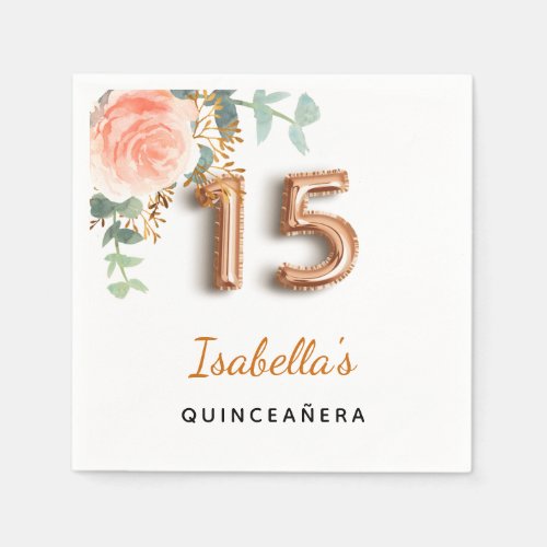 Quinceanera floral rose gold eucalyptus monogram napkins