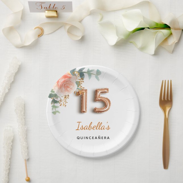 Quinceanera floral rose gold eucalyptus monogram paper plates (Wedding)