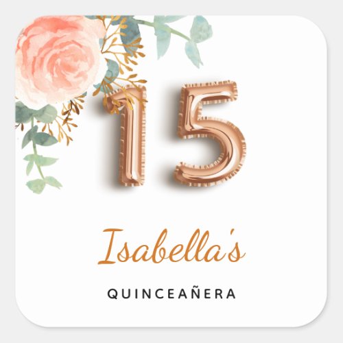 Quinceanera floral rose gold eucalyptus monogram square sticker