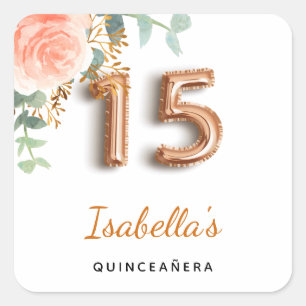 Quinceanera floral rose gold eucalyptus monogram square sticker