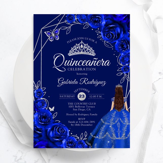 Quinceanera Floral Royal Blue Silver Dress Invitation (Creator Uploaded)