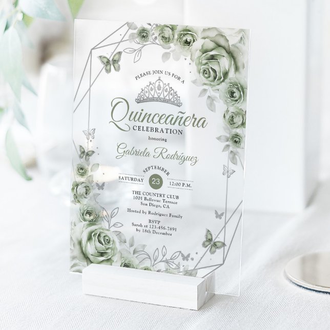 Quinceanera Floral Sage Green Silver Acrylic Invitations (Creator Uploaded)