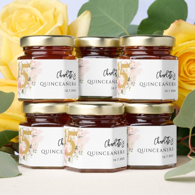 Quinceanera Floral Script 15th Birthday Honey Jar Favors (Insitu)
