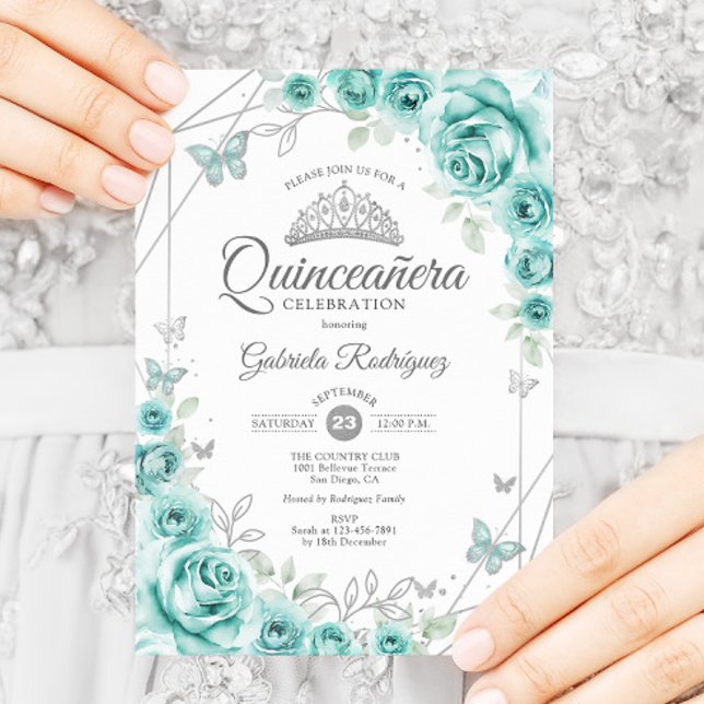 Quinceanera Floral Turquoise Silver Invitation (Creator Uploaded)