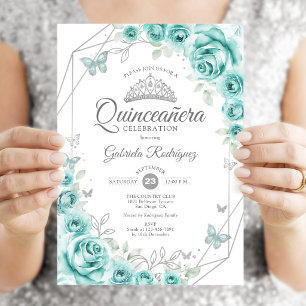 Quinceanera Floral Turquoise Silver Invitation