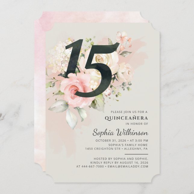Quinceanera Floral Watercolor 15th Birthday Party Invitation (Front/Back)
