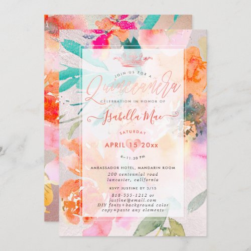 Quinceanera Floral Watercolor Garden Roses Invitation