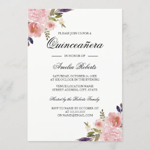 Quinceanera Floral Watercolor Peonies Pink Purple Invitation